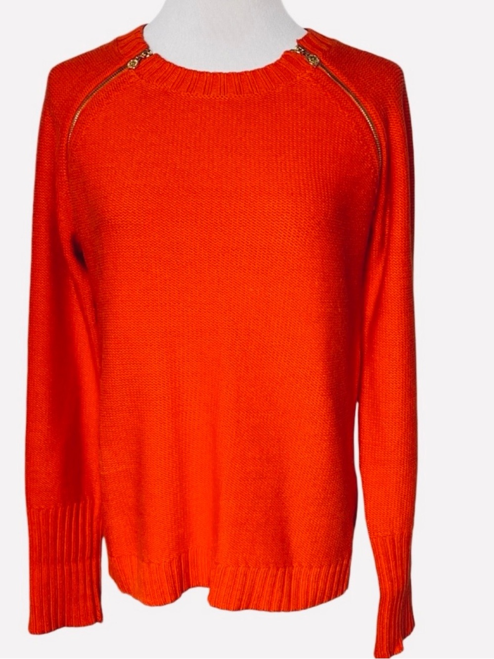 Ann Klein Orange Sweater with Double Gold Zippers at Neckline